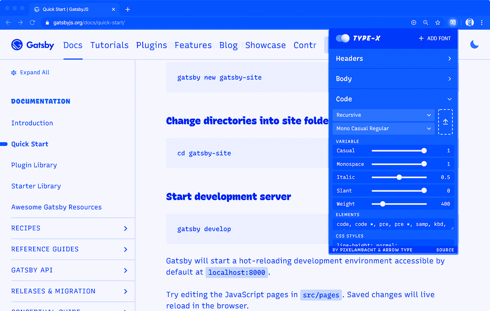 Overriding fonts on GatsbyJS.org to test Recursive with Type-X.